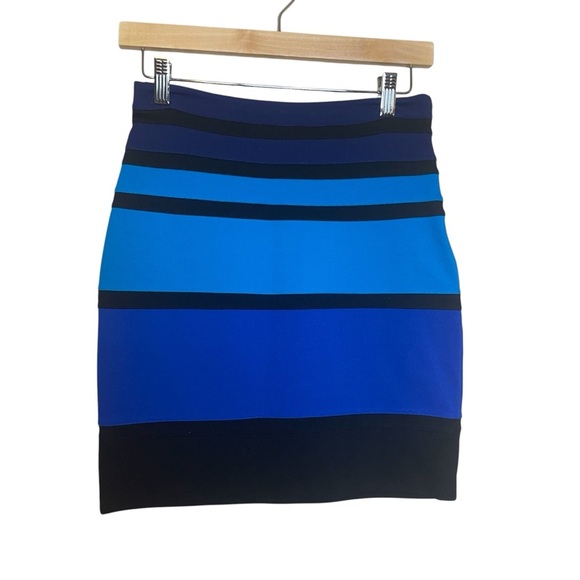 Express Colorblock Blue Black Stripes Mini Skirt Size 0 Office Conference - Picture 1 of 6